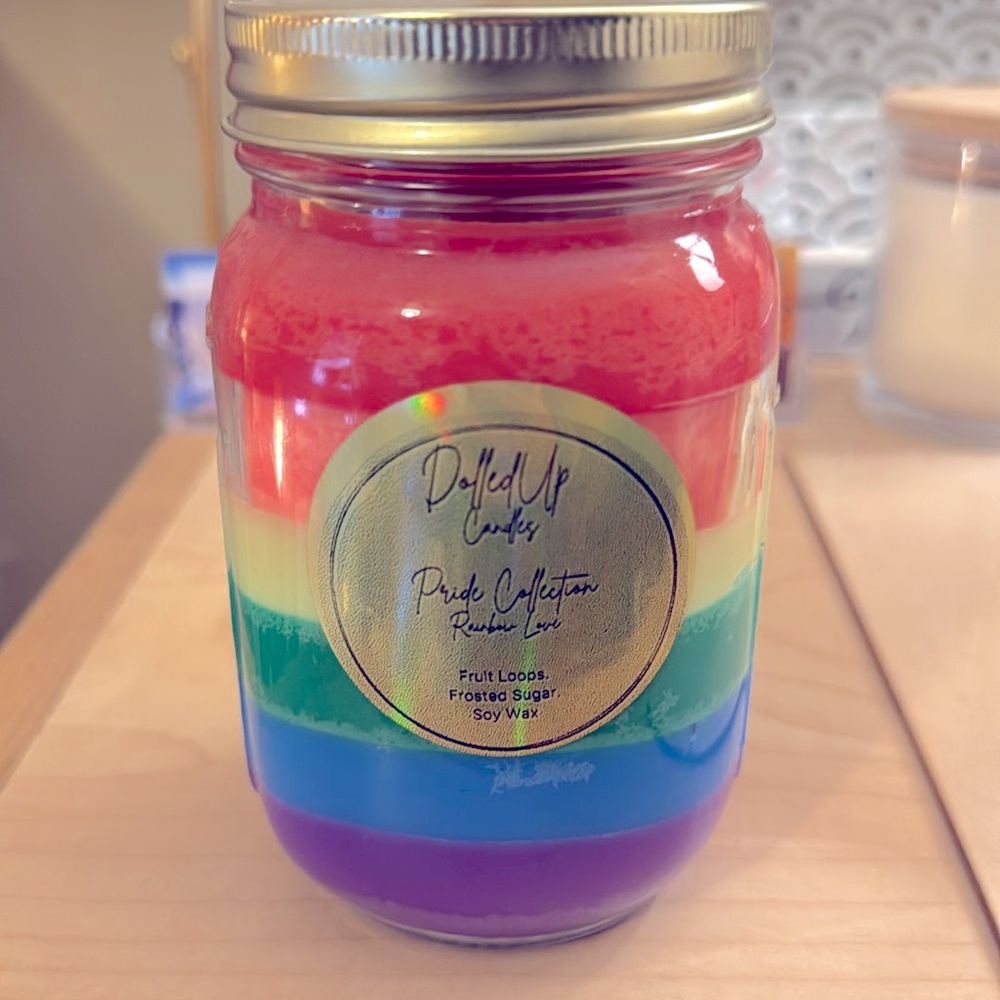 16oz Fruit Loops Candle | Pride Collection | Hand-Poured Soy Wax Mason Jar - Picture 2 of 3